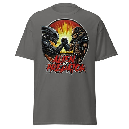 Alien vs Predator Arm Wrestling T-Shirt - Parody Sci - Fi Graphic Tee - Charcoal - T-Shirts Online