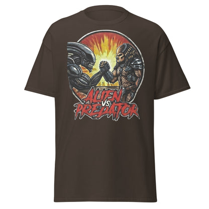 Alien vs Predator Arm Wrestling T-Shirt - Parody Sci - Fi Graphic Tee - Dark Chocolate - T-Shirts Online