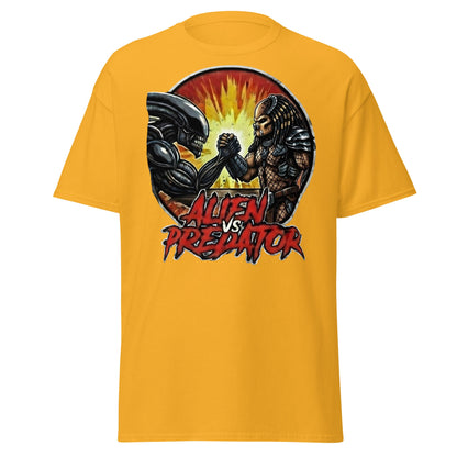 Alien vs Predator Arm Wrestling T-Shirt - Parody Sci - Fi Graphic Tee - Gold - T-Shirts Online