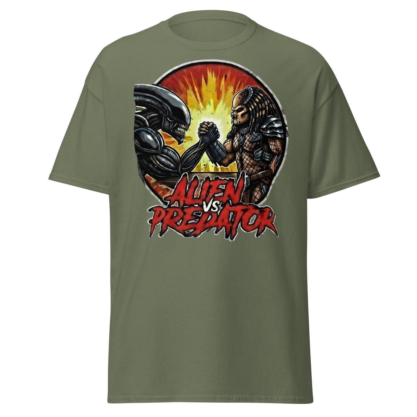 Alien vs Predator Arm Wrestling T-Shirt - Parody Sci - Fi Graphic Tee - Military Green - T-Shirts Online