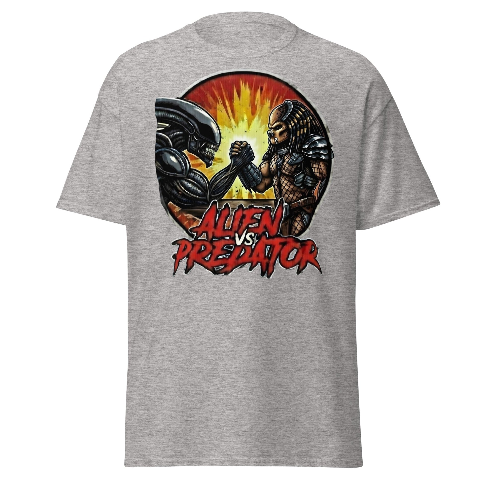 Alien vs Predator Arm Wrestling T-Shirt - Parody Sci - Fi Graphic Tee - Sport Grey - T-Shirts Online
