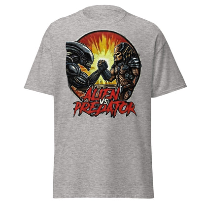 Alien vs Predator Arm Wrestling T-Shirt - Parody Sci - Fi Graphic Tee - Sport Grey - T-Shirts Online