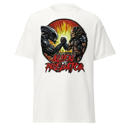 Alien vs Predator Arm Wrestling T-Shirt - Parody Sci - Fi Graphic Tee - White - T-Shirts Online