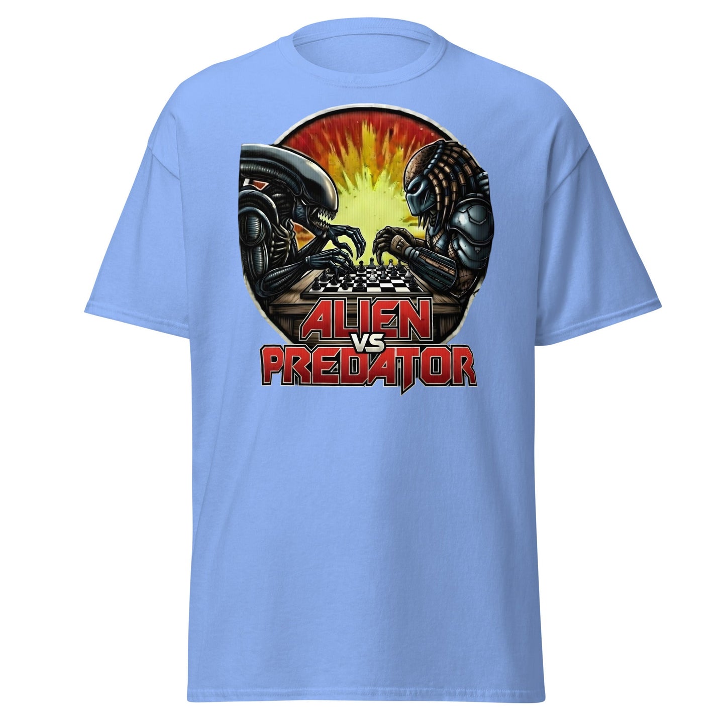 Alien vs Predator Chess T-Shirt | Epic Sci - Fi Crossover Tee - Carolina Blue - T-Shirts Online