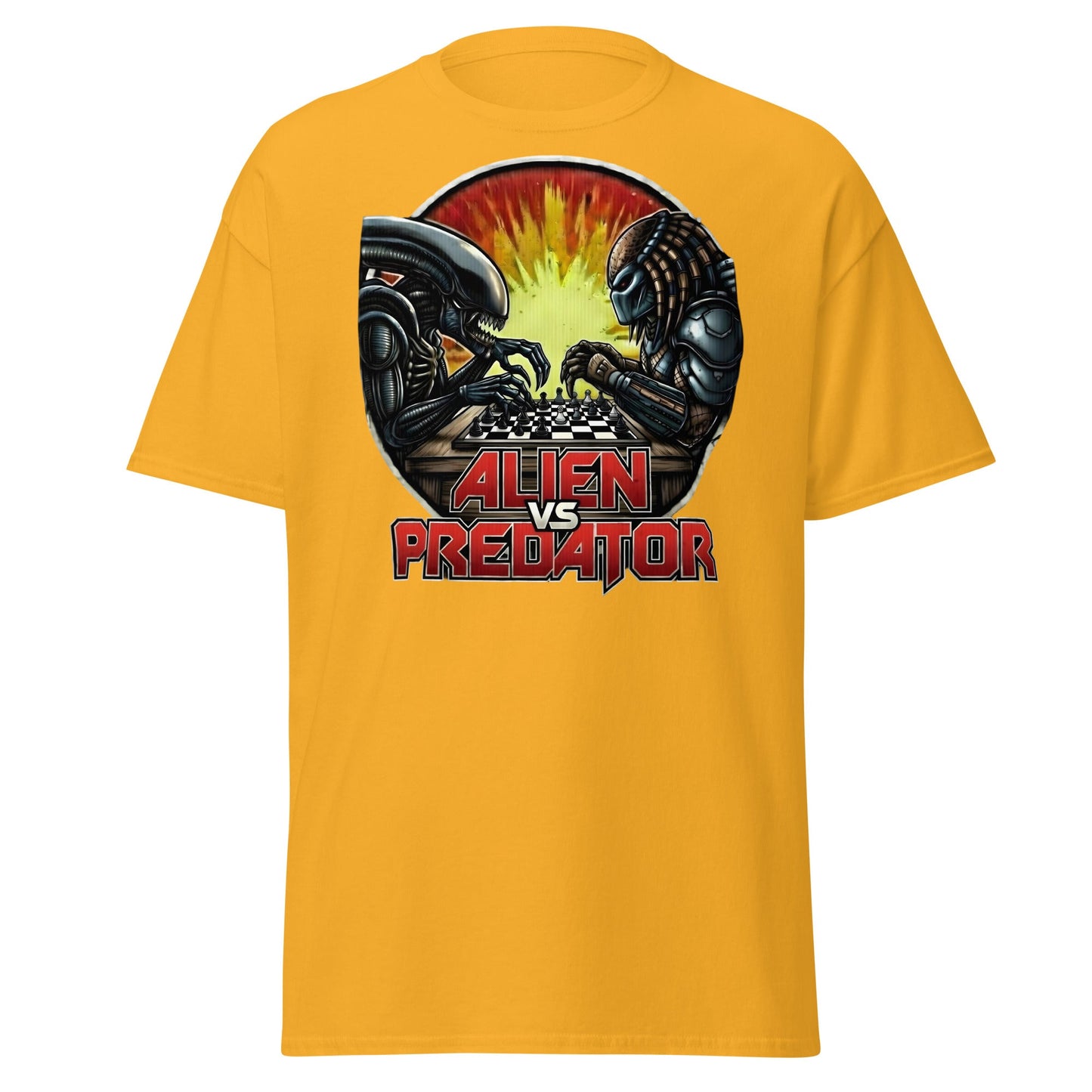Alien vs Predator Chess T-Shirt | Epic Sci - Fi Crossover Tee - Gold - T-Shirts Online