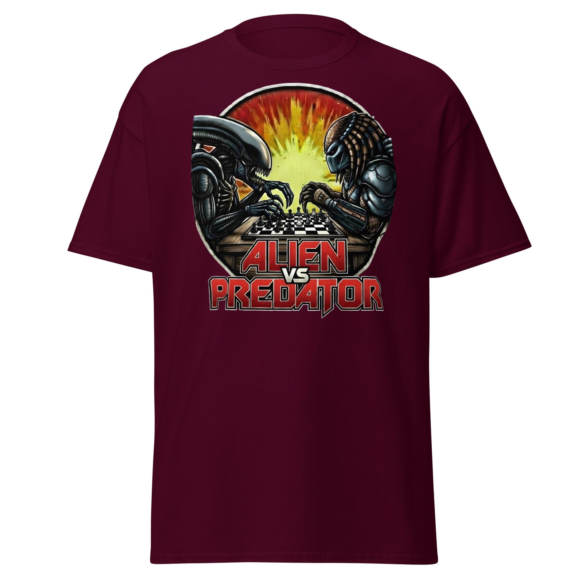 Alien vs Predator Chess T-Shirt | Epic Sci - Fi Crossover Tee - Maroon - T-Shirts Online