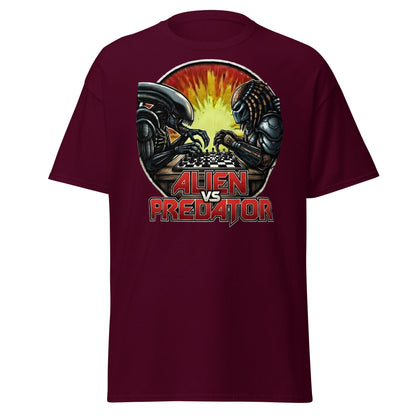 Alien vs Predator Chess T-Shirt | Epic Sci - Fi Crossover Tee - Maroon - T-Shirts Online