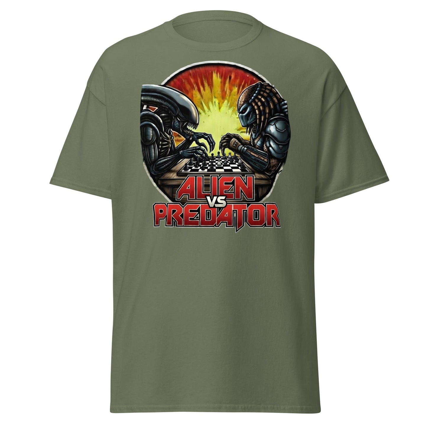 Alien vs Predator Chess T-Shirt | Epic Sci - Fi Crossover Tee - Military Green - T-Shirts Online