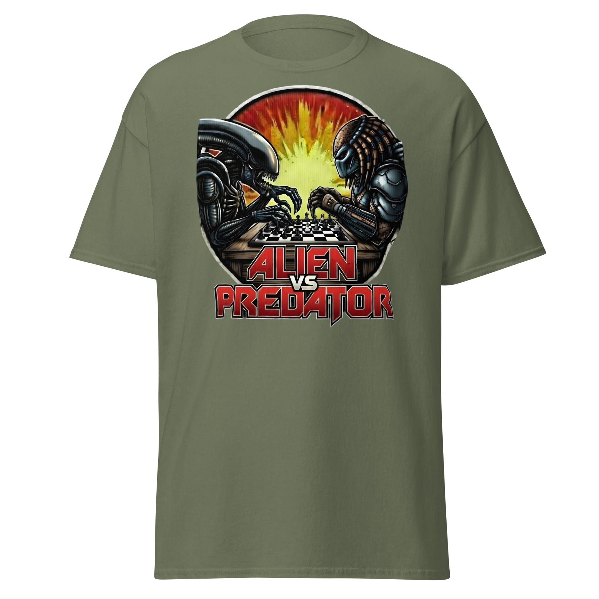 Alien vs Predator Chess T-Shirt | Epic Sci - Fi Crossover Tee - Military Green - T-Shirts Online
