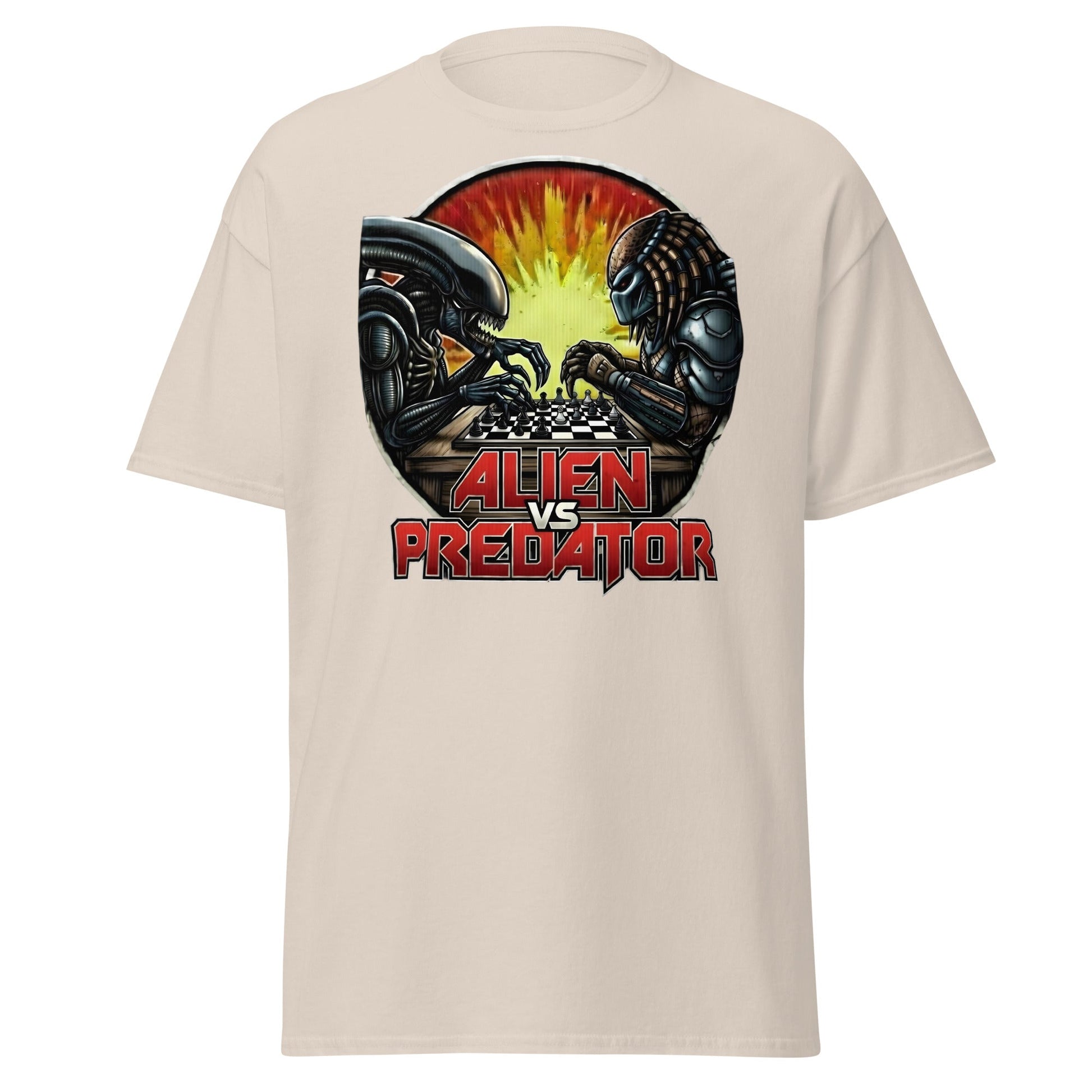 Alien vs Predator Chess T-Shirt | Epic Sci - Fi Crossover Tee - Natural - T-Shirts Online