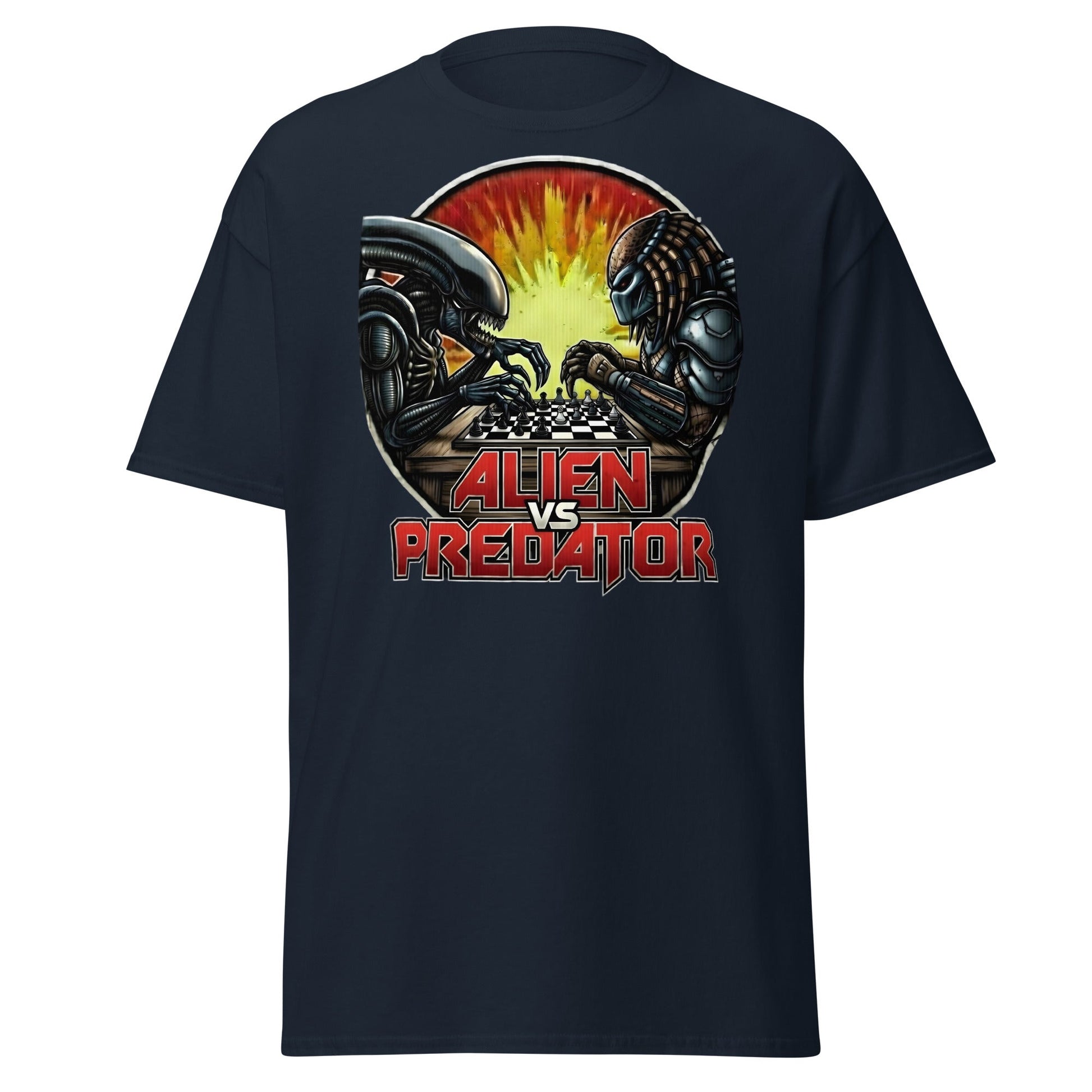 Alien vs Predator Chess T-Shirt | Epic Sci - Fi Crossover Tee - Navy - T-Shirts Online