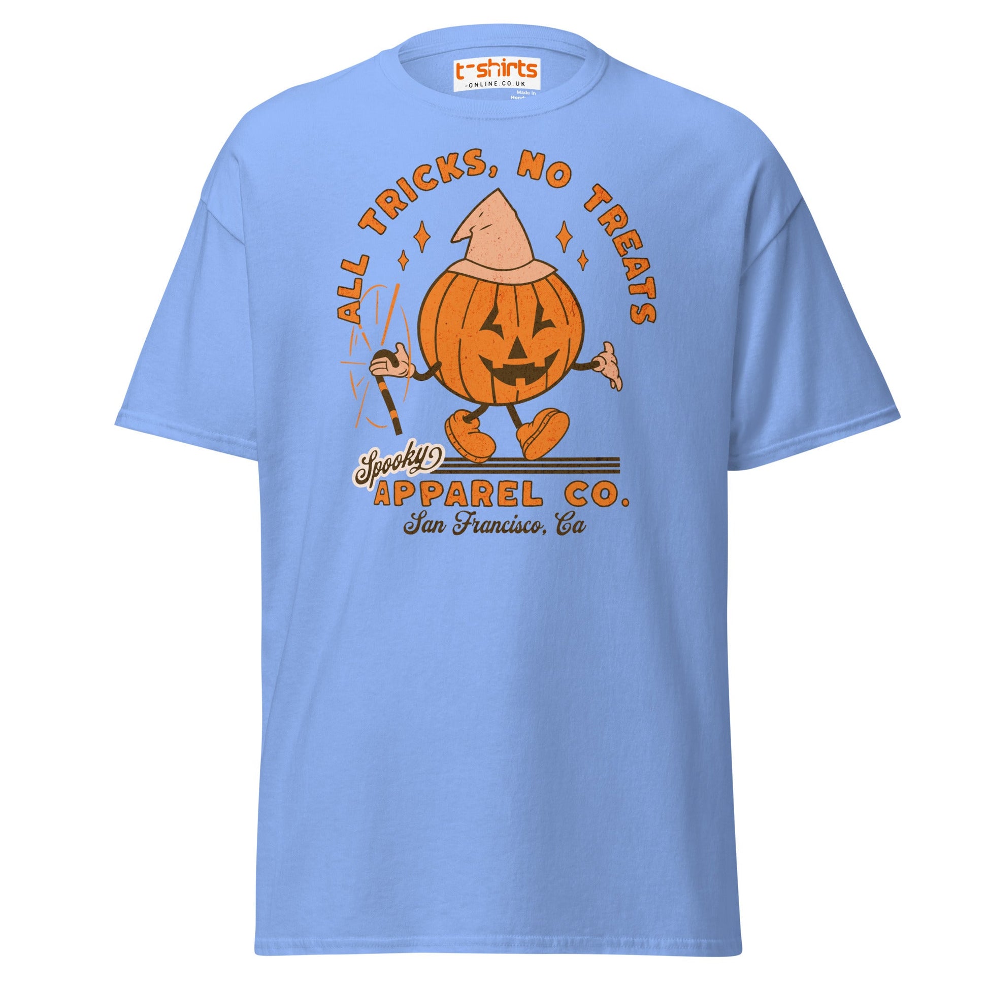 All Tricks No Treats Halloween T-Shirt | Pumpkin Mascot Tee - Carolina Blue - T-Shirts Online
