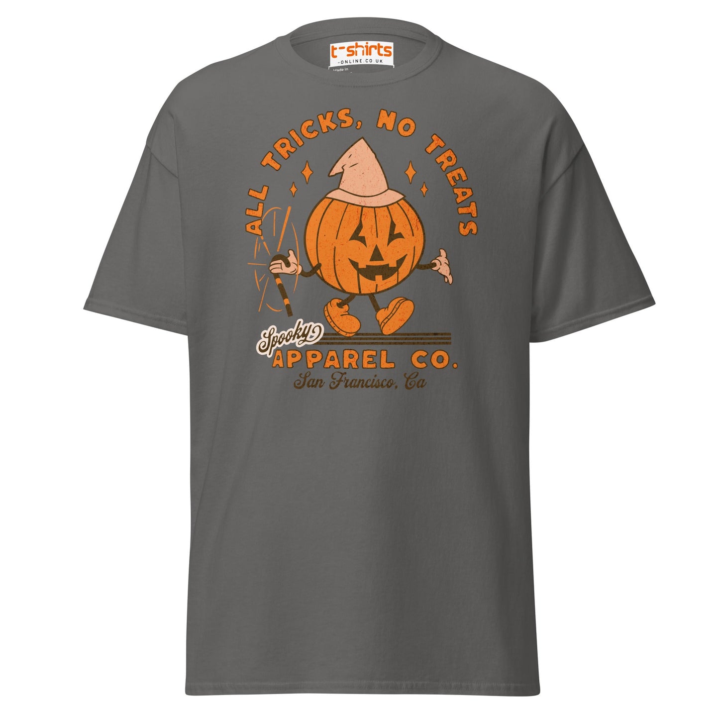 All Tricks No Treats Halloween T-Shirt | Pumpkin Mascot Tee - Charcoal - T-Shirts Online