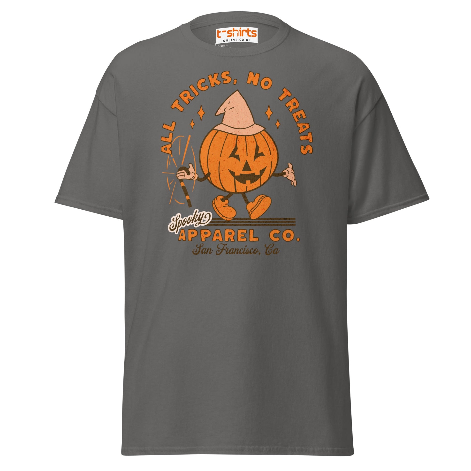 All Tricks No Treats Halloween T-Shirt | Pumpkin Mascot Tee - Charcoal - T-Shirts Online