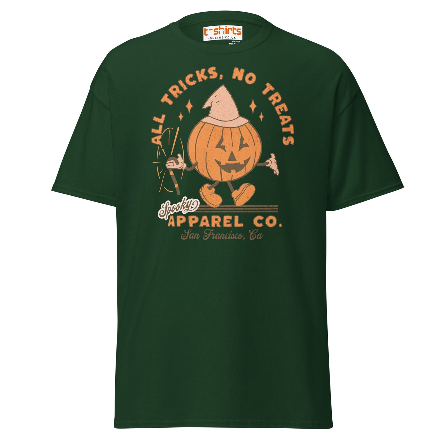 All Tricks No Treats Halloween T-Shirt | Pumpkin Mascot Tee - Forest Green - T-Shirts Online