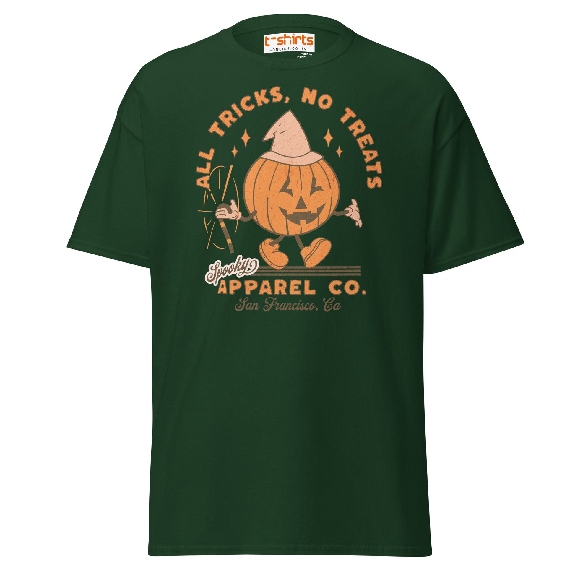 All Tricks No Treats Halloween T-Shirt | Pumpkin Mascot Tee - Forest Green - T-Shirts Online