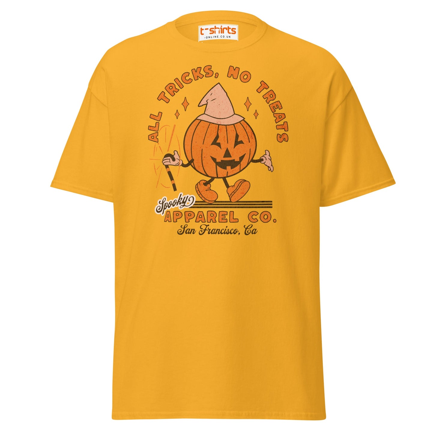 All Tricks No Treats Halloween T-Shirt | Pumpkin Mascot Tee - Gold - T-Shirts Online