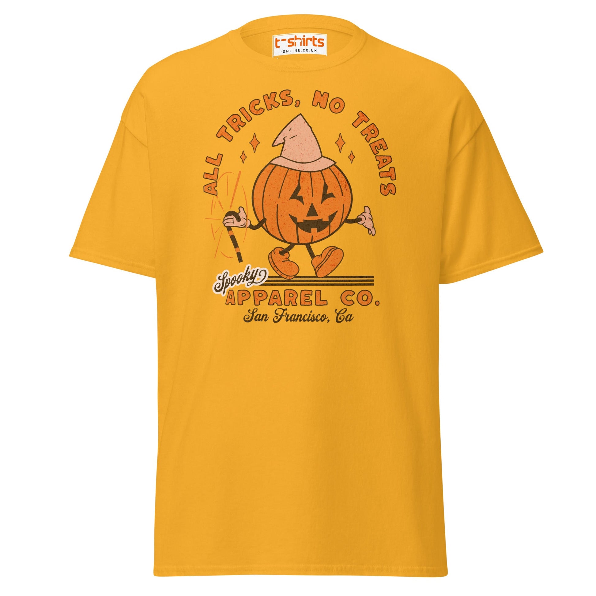 All Tricks No Treats Halloween T-Shirt | Pumpkin Mascot Tee - Gold - T-Shirts Online