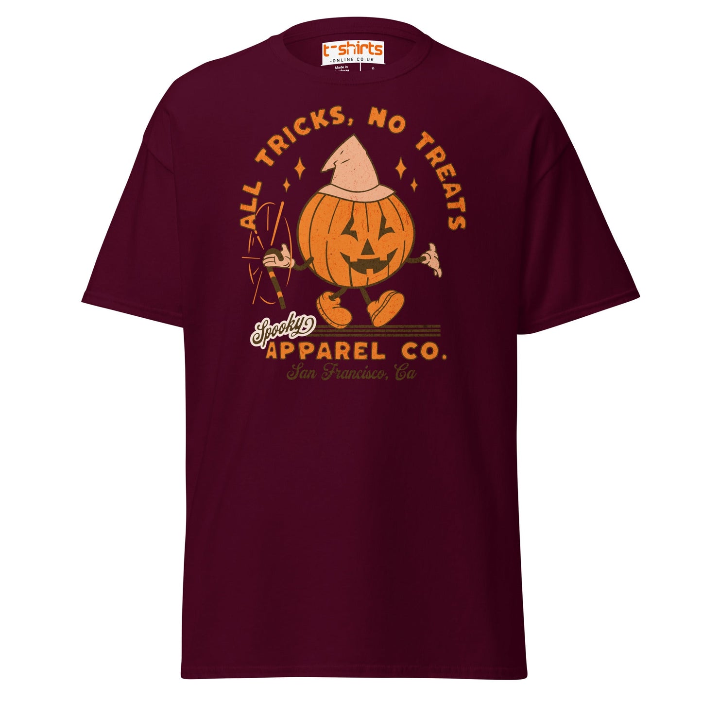 All Tricks No Treats Halloween T-Shirt | Pumpkin Mascot Tee - Maroon - T-Shirts Online