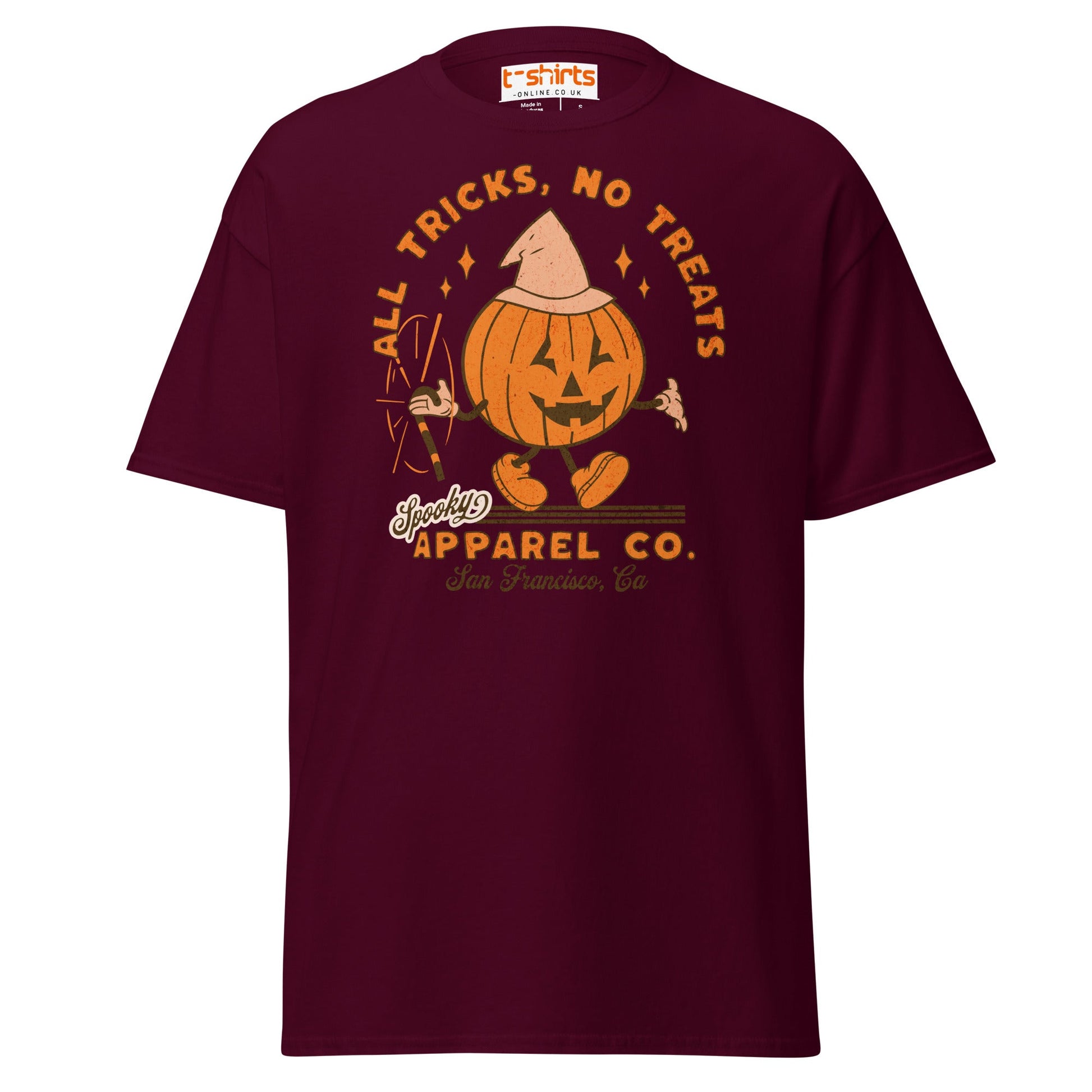 All Tricks No Treats Halloween T-Shirt | Pumpkin Mascot Tee - Maroon - T-Shirts Online