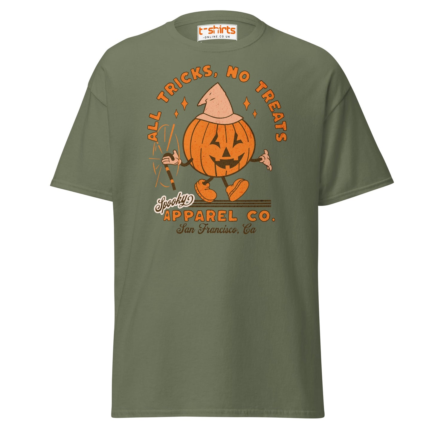 All Tricks No Treats Halloween T-Shirt | Pumpkin Mascot Tee - Military Green - T-Shirts Online