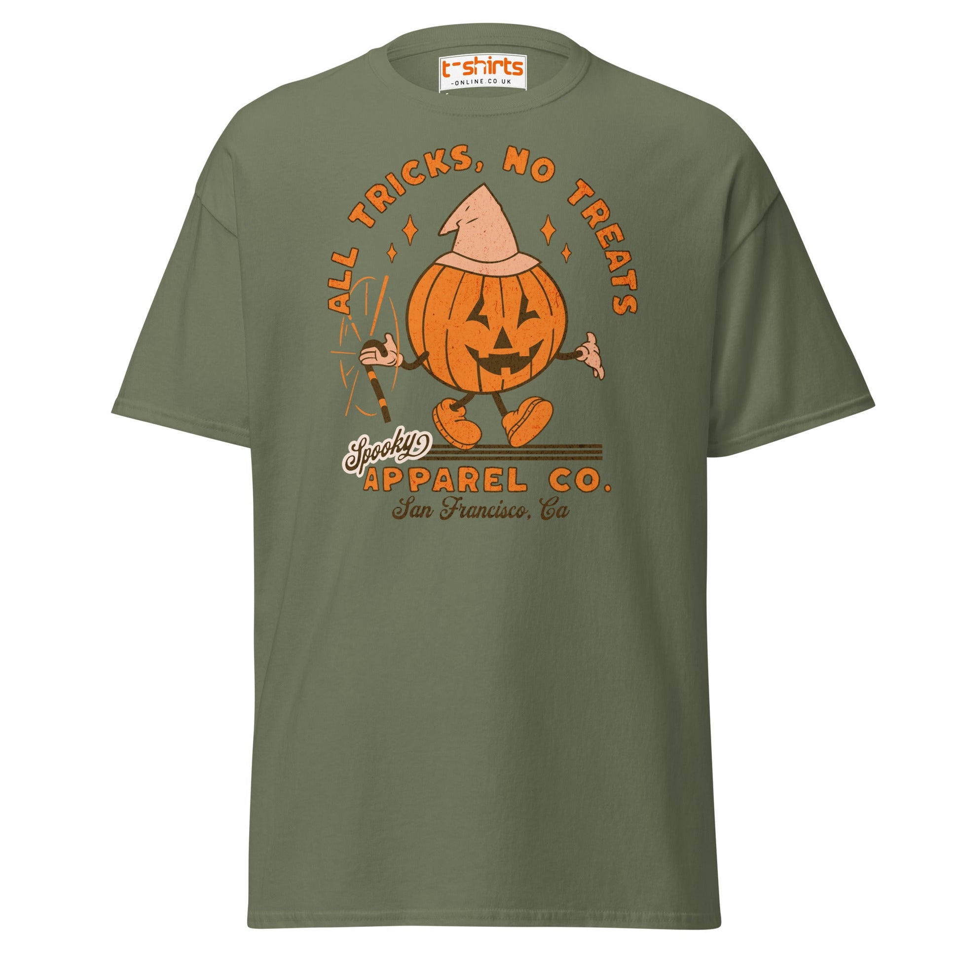 All Tricks No Treats Halloween T-Shirt | Pumpkin Mascot Tee - Military Green - T-Shirts Online