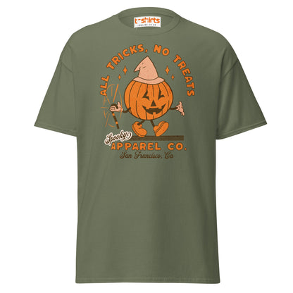 All Tricks No Treats Halloween T-Shirt | Pumpkin Mascot Tee - Military Green - T-Shirts Online