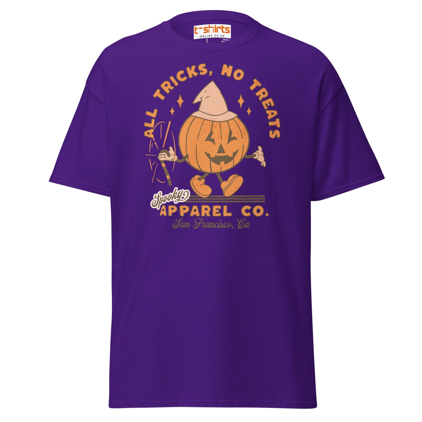 All Tricks No Treats Halloween T-Shirt | Pumpkin Mascot Tee - Purple - T-Shirts Online