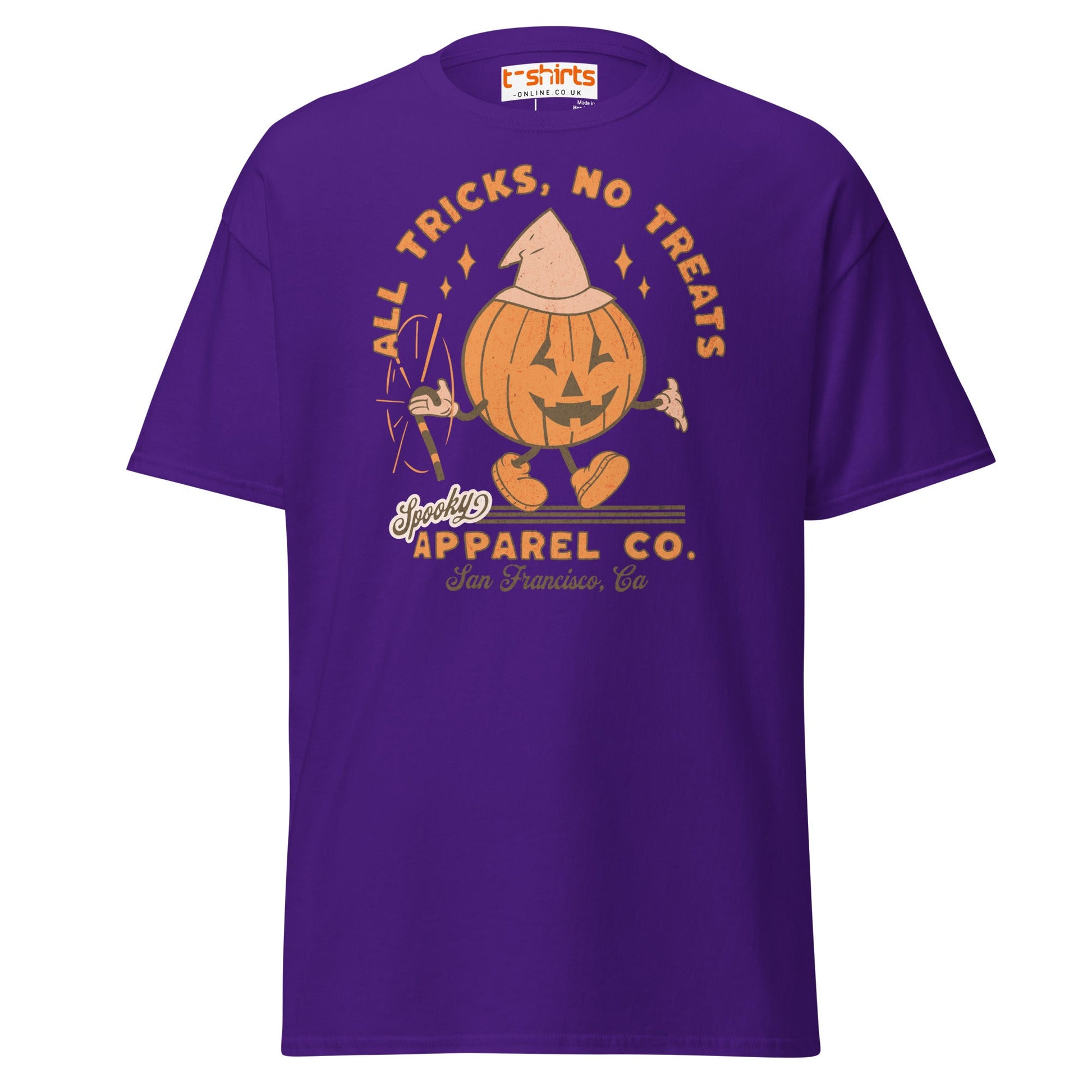 All Tricks No Treats Halloween T-Shirt | Pumpkin Mascot Tee - Purple - T-Shirts Online