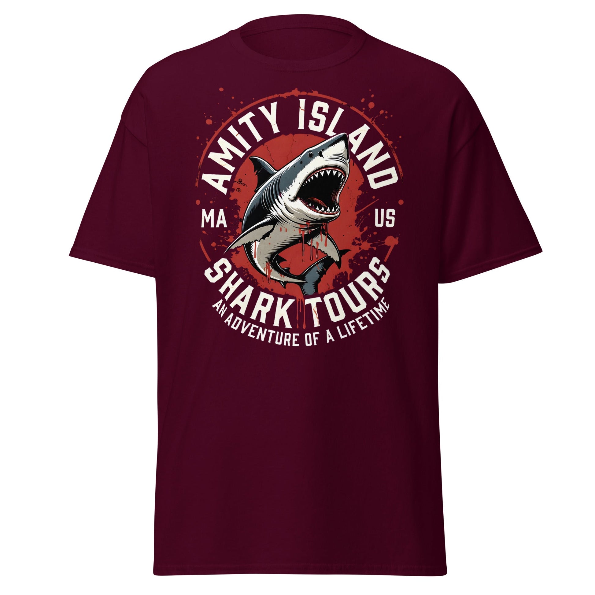 Amity Island Shark Tours T-Shirt - Jaws Inspired Horror Tee - Maroon - T-Shirts Online