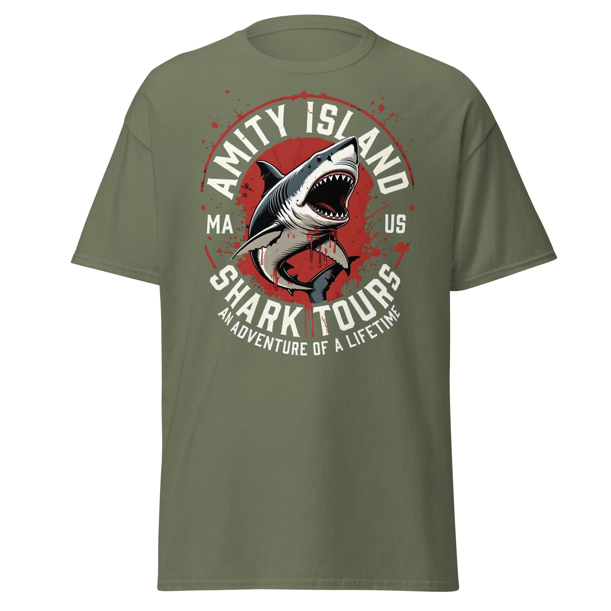 Amity Island Shark Tours T-Shirt - Jaws Inspired Horror Tee - Military Green - T-Shirts Online