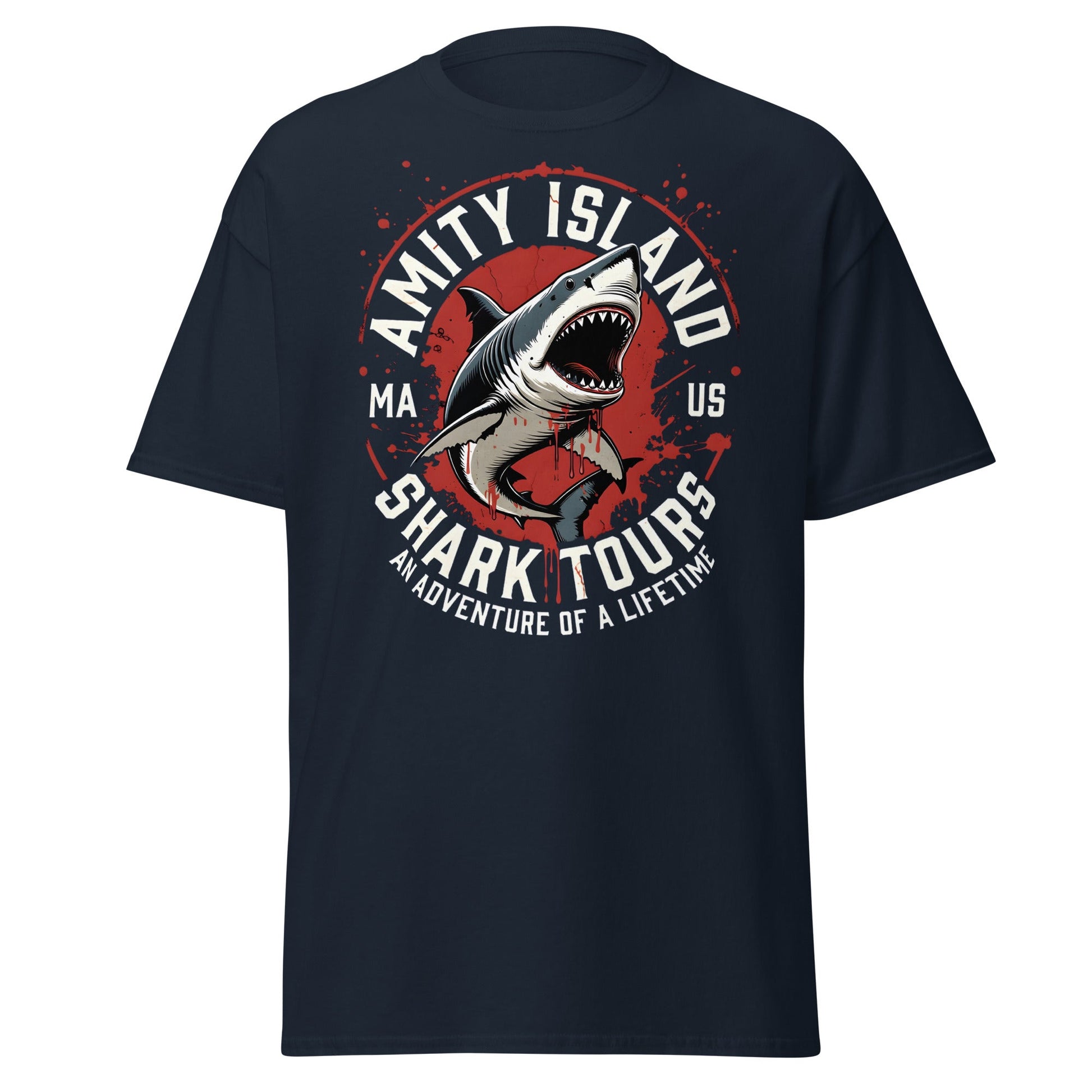 Amity Island Shark Tours T-Shirt - Jaws Inspired Horror Tee - Navy - T-Shirts Online