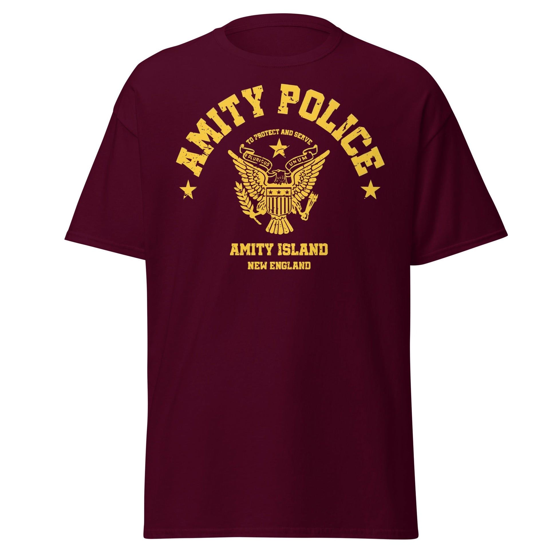 Amity Police T-Shirt – Jaws Movie Amity Island Tee - Maroon - T-Shirts Online