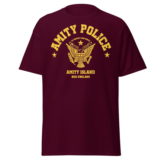 Amity Police T-Shirt – Jaws Movie Amity Island Tee - Maroon - T-Shirts Online