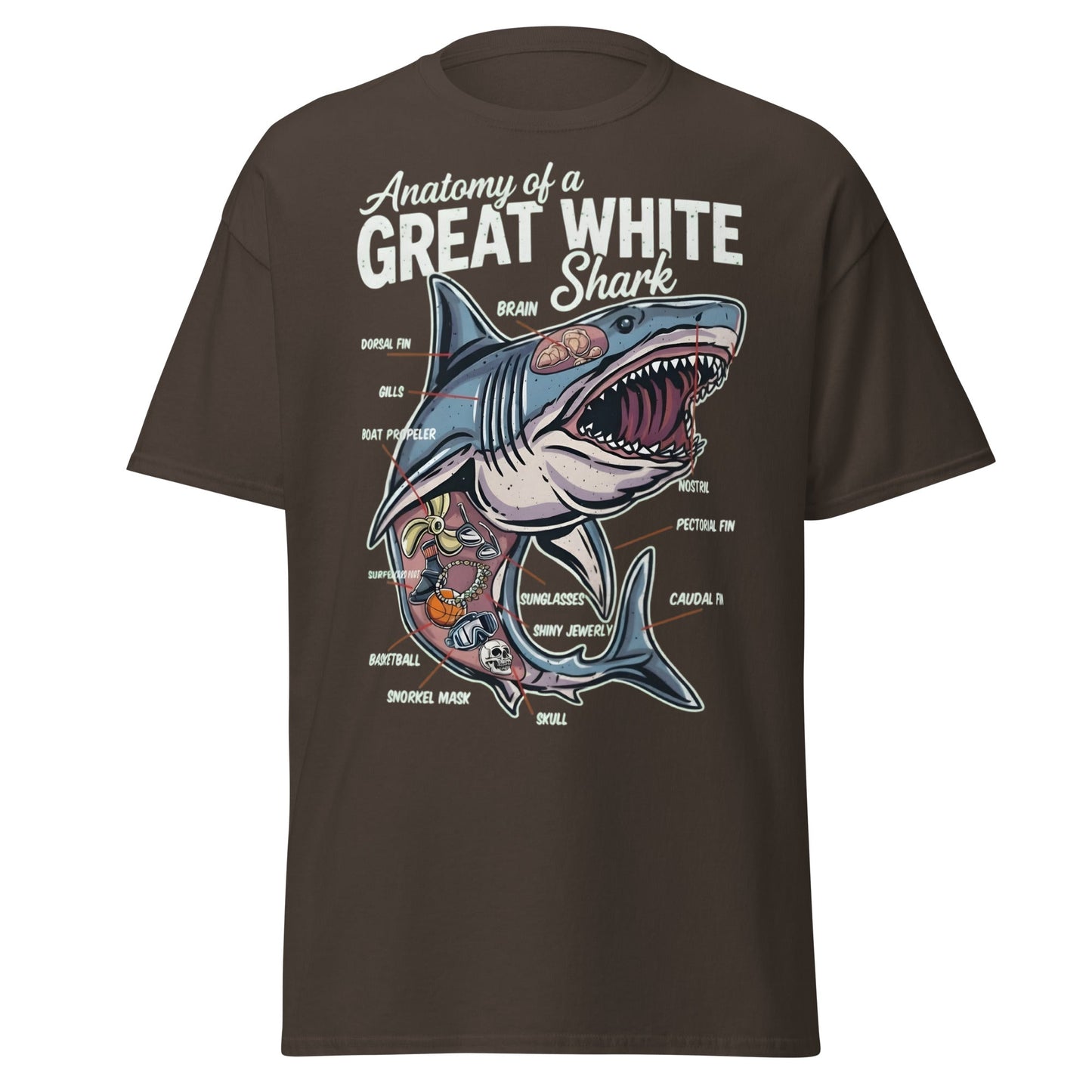 Anatomy of a Great White Shark Funny Graphic T-Shirt - Dark Chocolate - T-Shirts Online