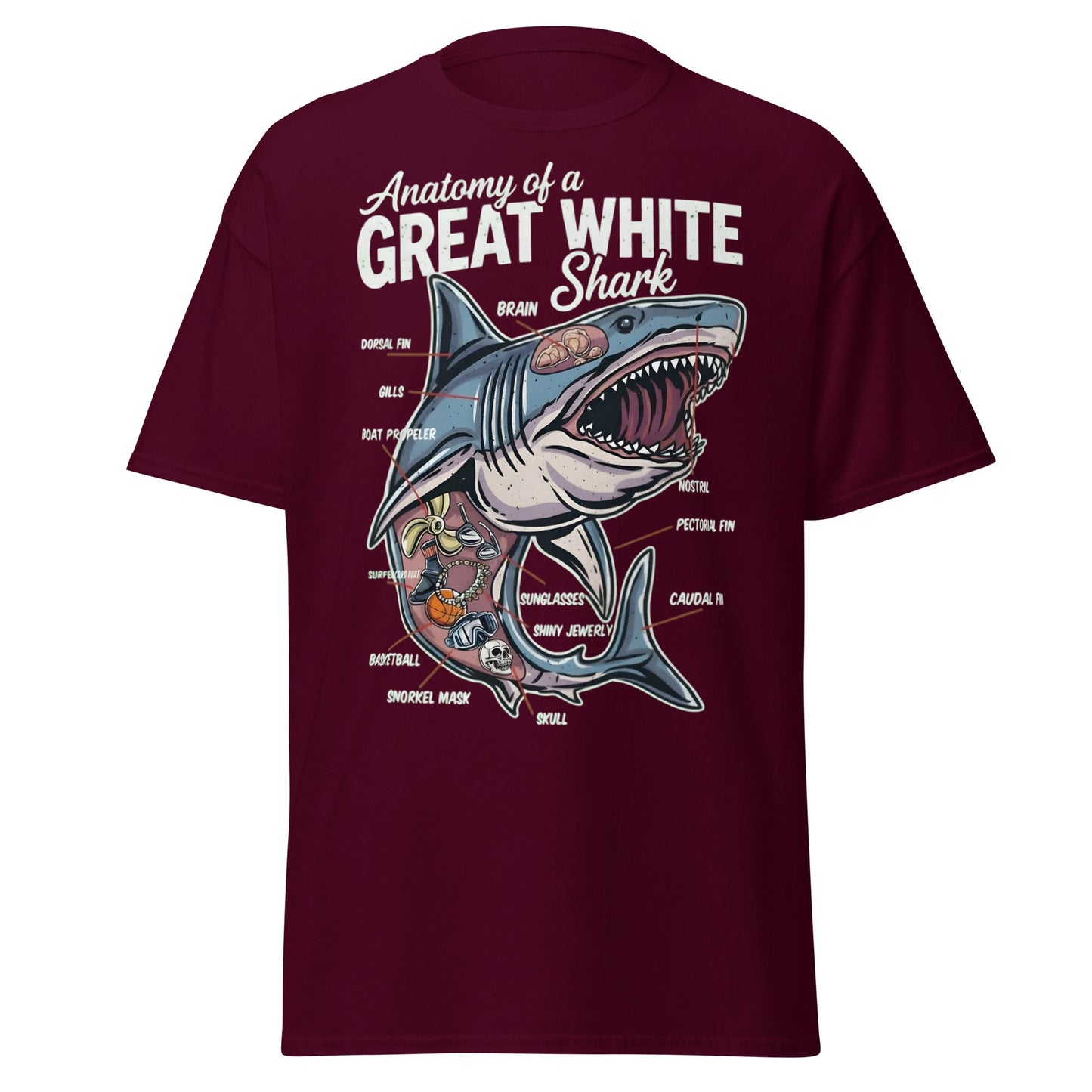 Anatomy of a Great White Shark Funny Graphic T-Shirt - Maroon - T-Shirts Online