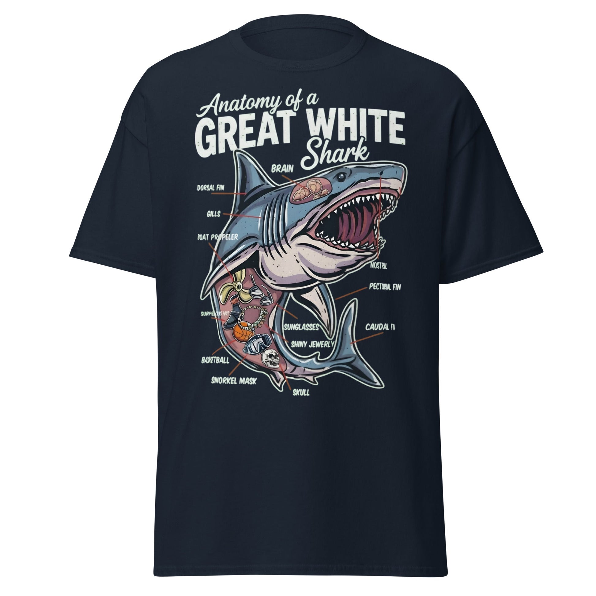 Anatomy of a Great White Shark Funny Graphic T-Shirt - Navy - T-Shirts Online