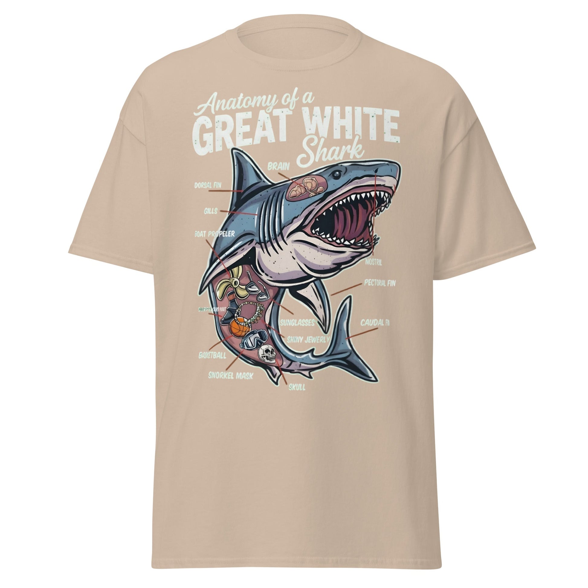Anatomy of a Great White Shark Funny Graphic T-Shirt - Sand - T-Shirts Online