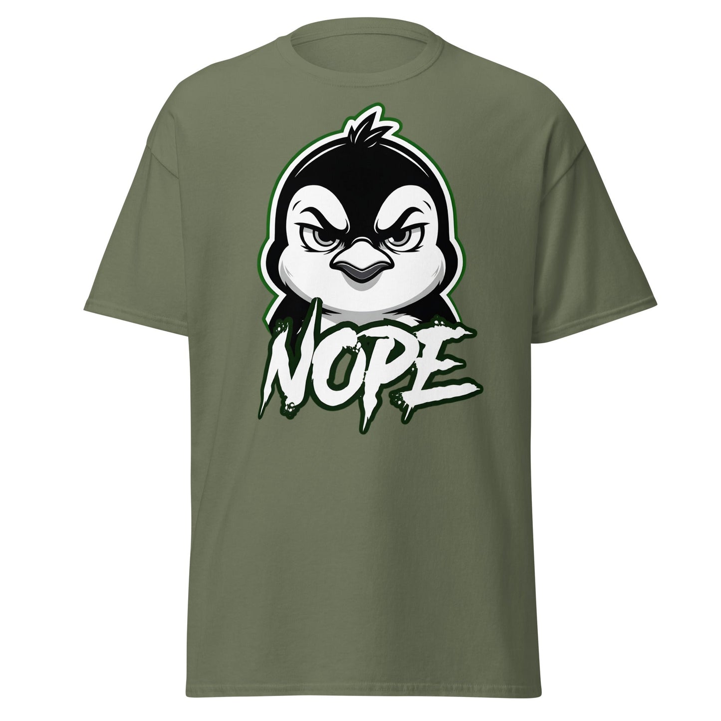 Angry Penguin Nope T-Shirt - Sassy Animal Graphic Tee - Military Green - T-Shirts Online