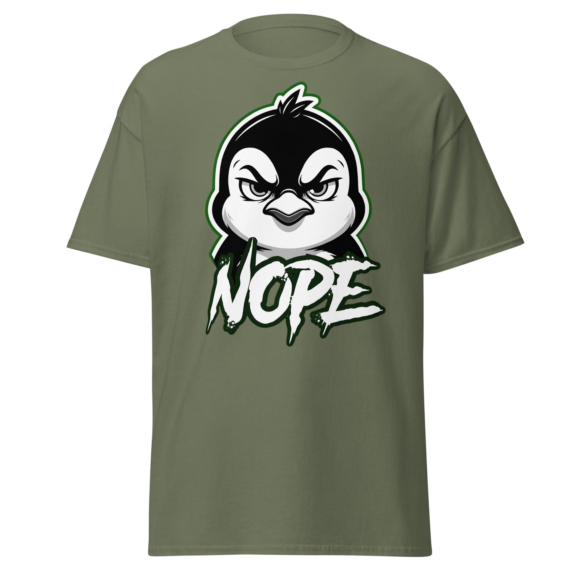 Angry Penguin Nope T-Shirt - Sassy Animal Graphic Tee - Military Green - T-Shirts Online