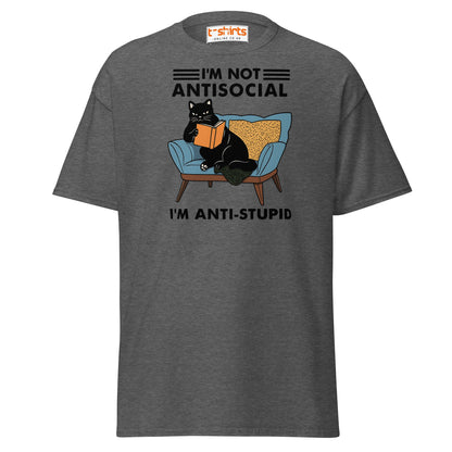 Anti - Stupid Cat T-Shirt – Funny Antisocial Book Lover Tee - Dark Heather - T-Shirts Online