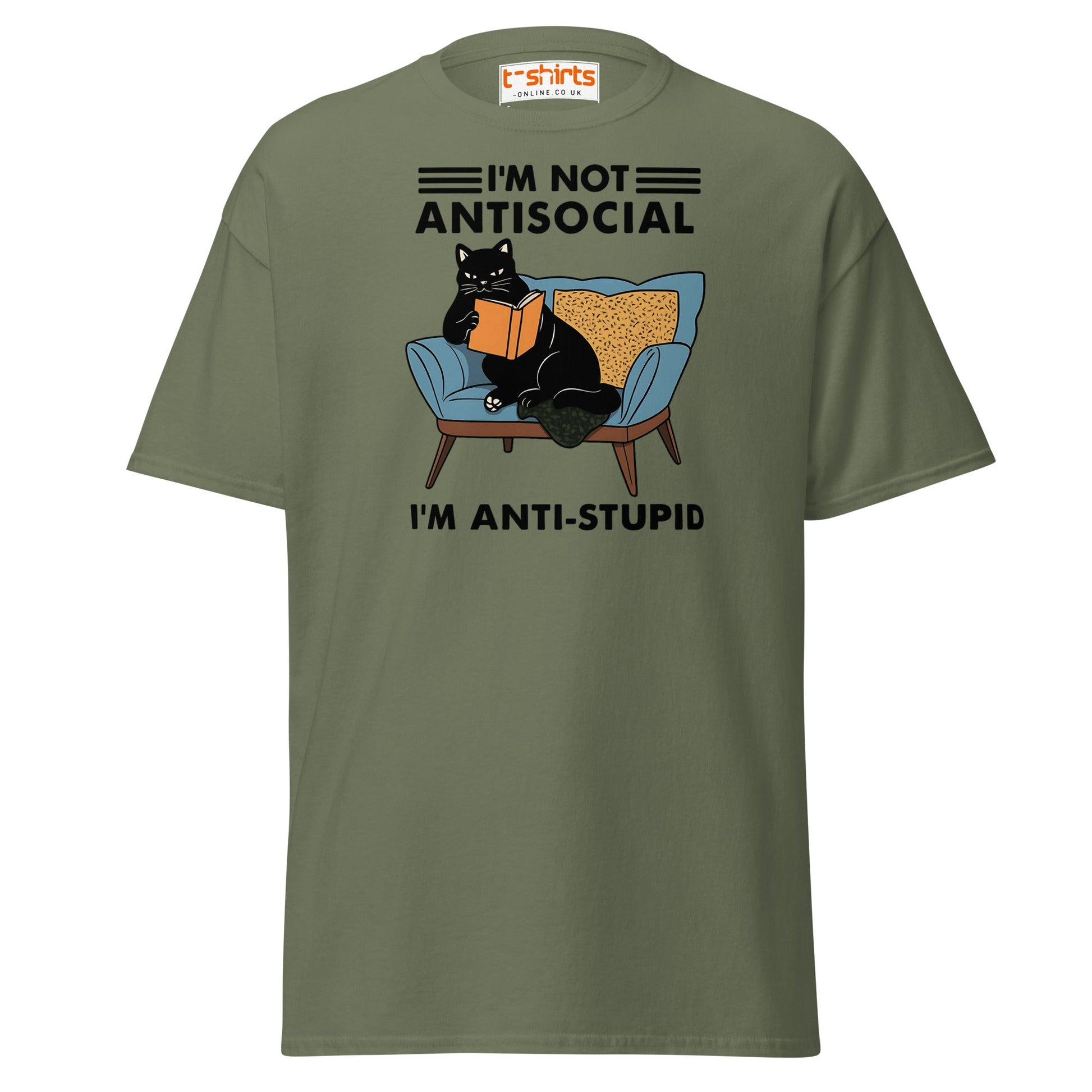 Anti - Stupid Cat T-Shirt – Funny Antisocial Book Lover Tee - Military Green - T-Shirts Online