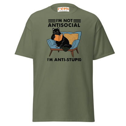 Anti - Stupid Cat T-Shirt – Funny Antisocial Book Lover Tee - Military Green - T-Shirts Online