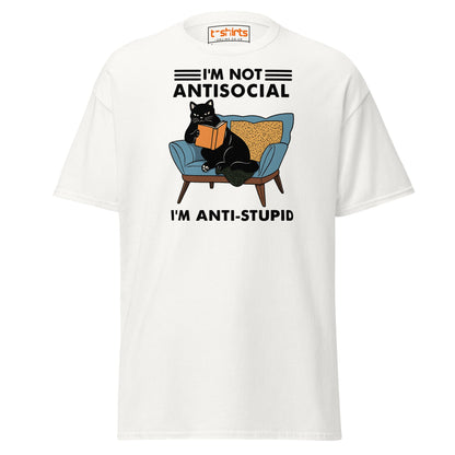 Anti - Stupid Cat T-Shirt – Funny Antisocial Book Lover Tee - White - T-Shirts Online