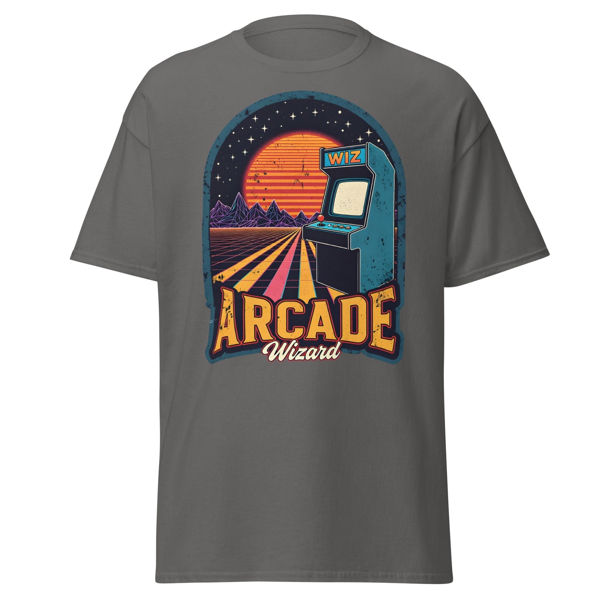 Arcade Wizard Retro Synthwave T-Shirt | Vintage Gamer Tee - Charcoal - T-Shirts Online