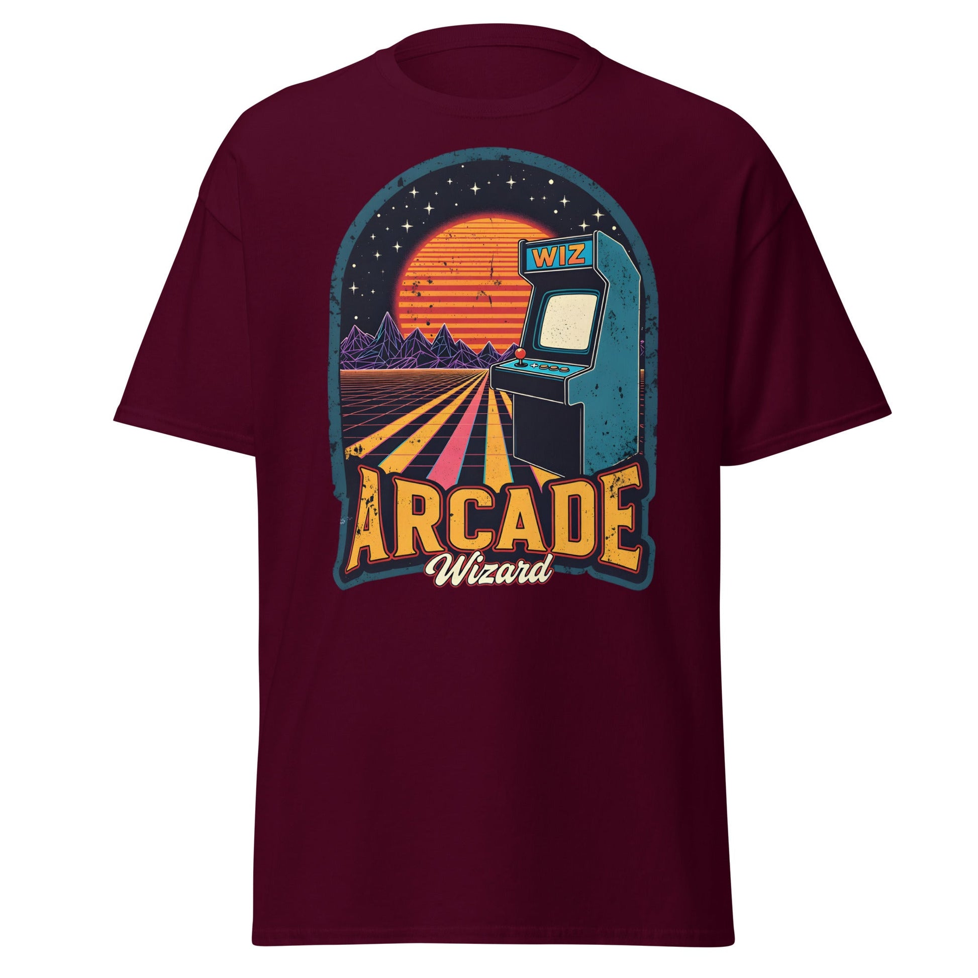 Arcade Wizard Retro Synthwave T-Shirt | Vintage Gamer Tee - Maroon - T-Shirts Online