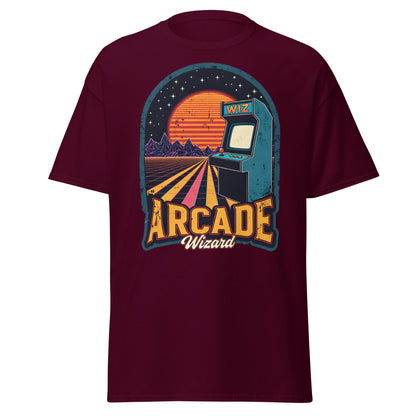Arcade Wizard Retro Synthwave T-Shirt | Vintage Gamer Tee - Maroon - T-Shirts Online