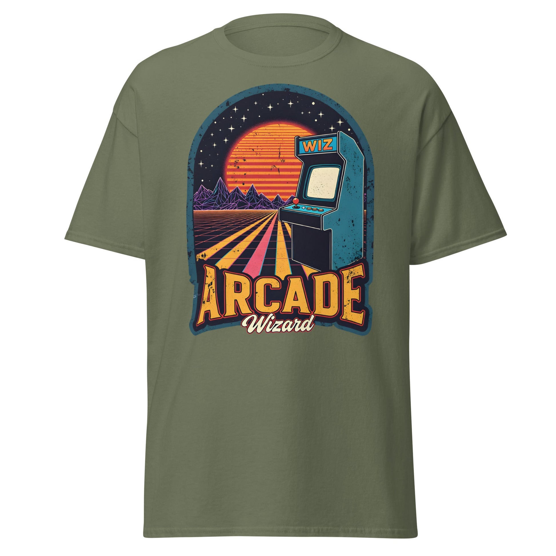 Arcade Wizard Retro Synthwave T-Shirt | Vintage Gamer Tee - Military Green - T-Shirts Online