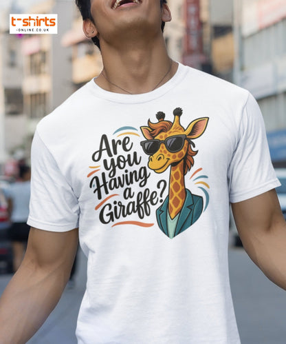 Person wearing a white t-shirt with a giraffe graphic and text in an urban setting