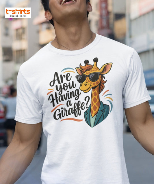 Person wearing a white t-shirt with a giraffe graphic and text in an urban setting